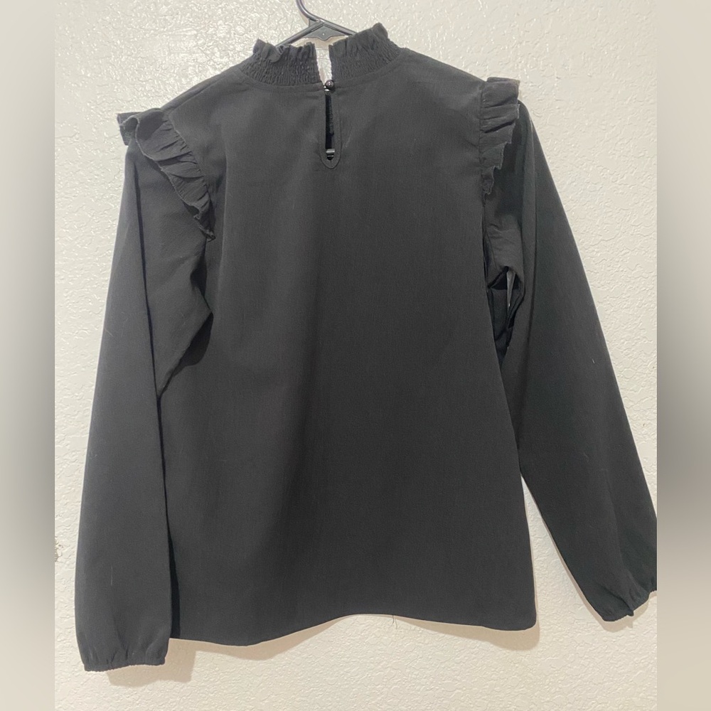 Black Smocked Ruffle Blouse Lightweight Long Sleeve Top High Neck Flowy - Picture 6 of 8